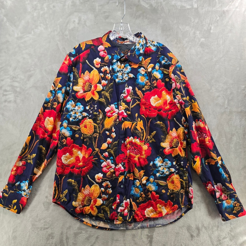 Robert Graham Button Down Mens XL Navy Floral Embroidered Dress Shirt RARE